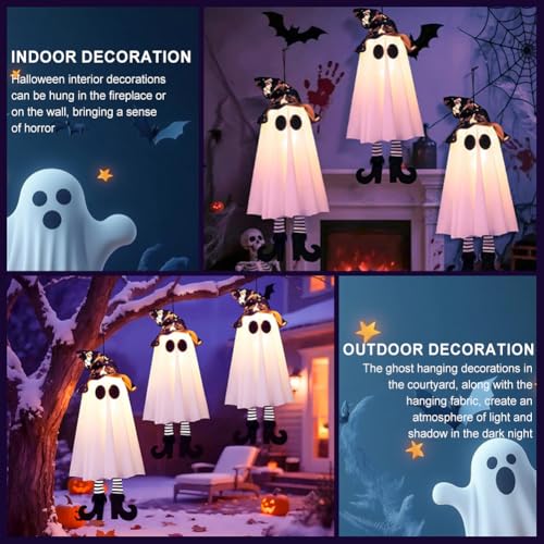 Halloween Spooky Ghost Light-Up Hanging Ornament Set - Black Hat Variation