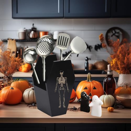 Gothic Coffin Utensil Holder - Black Wooden Halloween Kitchen Organizer