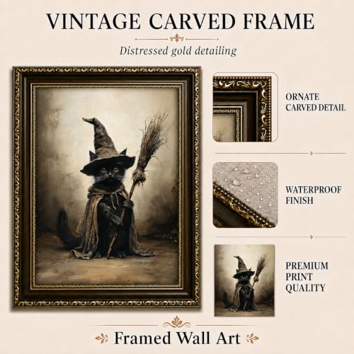 Witch Cat Framed Canvas Wall Art - Halloween Gothic Black Cat Decor 16x12in