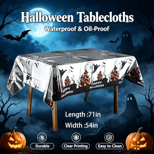White Halloween Disposable Tablecloth 54x72 Inch with Castle & Ghost Pattern - 2 Pack