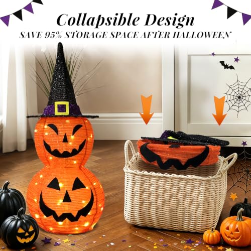 Halloween Lighted Jack‑O'‑Lantern Pumpkin with Witch Hat - Collapsible LED Decor