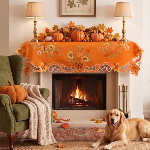 Fall Tablecloth 34 Inch Square Embroidered Pumpkin Sunflowers Autumn Decor - Rust Orange
