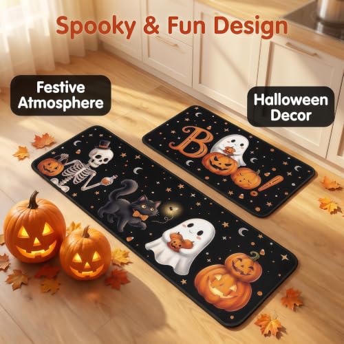 Halloween Kitchen Mat Set of 2 Non Slip Ghost Skeleton Rug - Boo