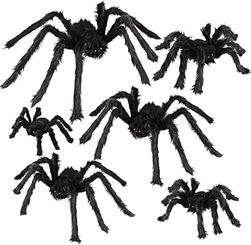 Halloween Outdoor Large Spider Decorations 6 Pack - Realistic Creepy Spiders for Yard & Porch - Vivid Black Hair & Red Eyes - Adjustable Legs