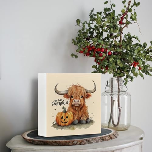 Pumpkin Western Halloween Wooden Sign - Fall Baby Highland Cow Decor, 5x5 Inch