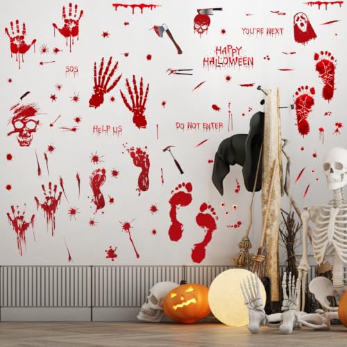 Halloween Window Clings Set - Bloody Handprint & Footprint Stickers, 9 Sheets, A-9PCS