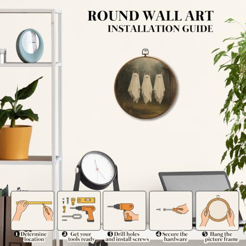 Moody Halloween Ghost Wall Art - Round 10x10in Wall Decor with Little Devil Variation