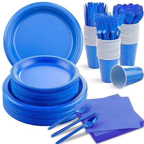 Blue Disposable Party Plates Set for 50 People - 9-inch Dinner & 7-inch Dessert Plates, Cups & Cutlery - Blue Variation