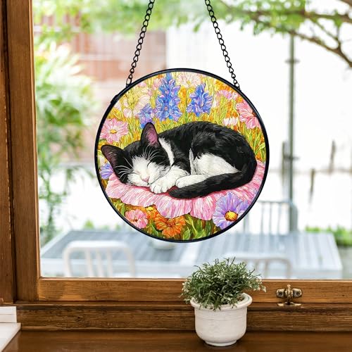 Cat Flower Stained Glass Window Hanging – Handcrafted Sun Catcher with Metal Frame, 7.9 Inches