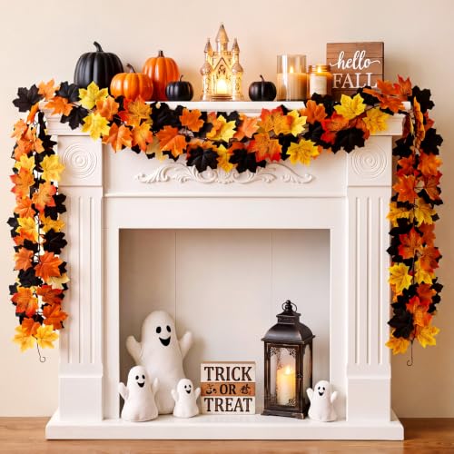 Halloween Garland Set - 8 Black and Orange Maple Leaf Garlands 26ft Fall Decor