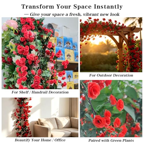 Red Artificial Flower Garland 24FT - Faux Rose Vines for Wedding & Home Decor