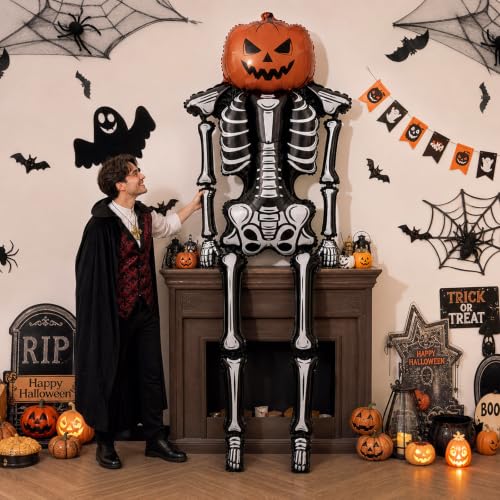 Giant Halloween Skeleton Balloon with Pumpkin Head - 8.3FT Spooky Party Decor - Pumpkin Balloon Variation
