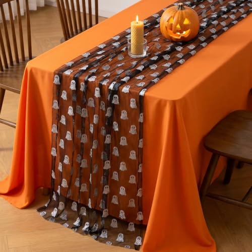 Halloween Mesh Ghost Table Runner Set - Black Sheer Gauze with Silver Glitter 2 Pack