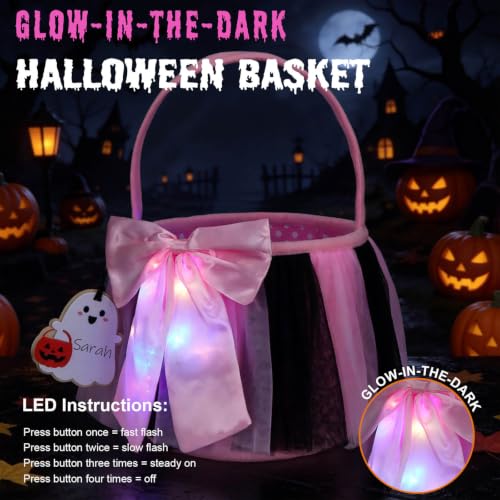 Pink LED Trick or Treat Basket with Bowknot Tulle Skirt - Collapsible Reusable Halloween Candy Bag for Girls