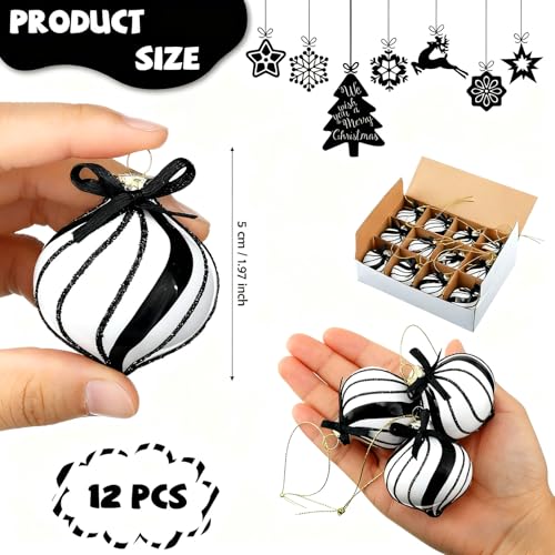 Hoolerry 12-Pack Black & White Peppermint Glass Christmas Ornaments - Candy Theme