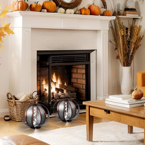 2 Pack Fall Solar Metal Pumpkin Decor with LED Light - Outdoor Thanksgiving Yard Art