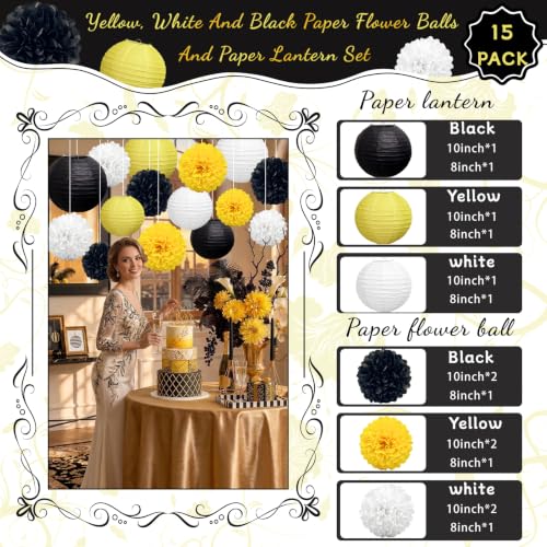 KAXIXI 15-Pack Black Yellow White Party Decorations Lanterns & Pom Poms - Variation Yellow Black White