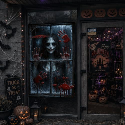 Halloween Window Cover - Spooky Horror Ghost & Blood Handprints Decoration 31.5x47.2"