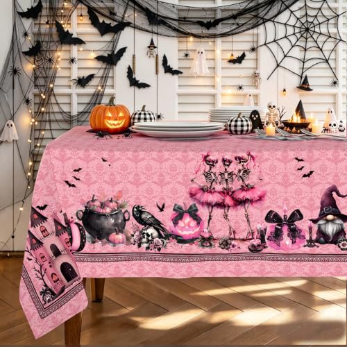 Elegant Pink Halloween Tablecloth 60x102 Inch Rectangular Spooky Pumpkin Ghost Skull Web Party Decor
