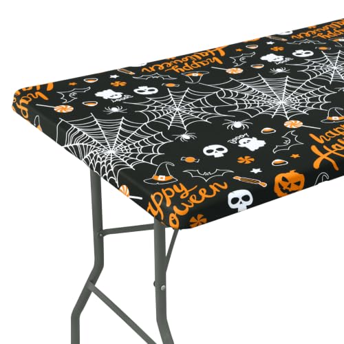 Elastic Fitted 6FT Rectangle Tablecloth - Black & Orange, 72 x 30 Inches
