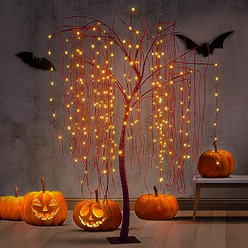 7 Ft Halloween Lighted Willow Tree with 256 LED Orange Lights and Spiders Outdoor Indoor Decor Variation: Orange