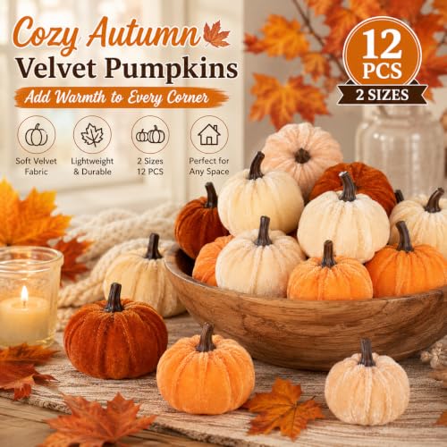 Velvet Artificial Pumpkins Decor Set - 12 Mini Fall Harvest Halloween Thanksgiving