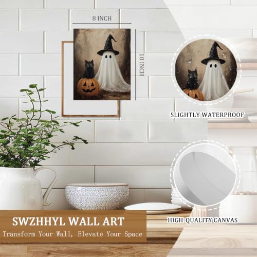 Halloween Ghost and Black Cat Wall Art - 8x10 Inch Canvas Print - Variation: Ghost and Black Cat
