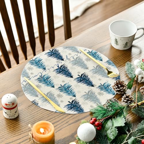 14-Inch Blue Xmas Round Placemats Set of 4 - Winter Dining Table Decor