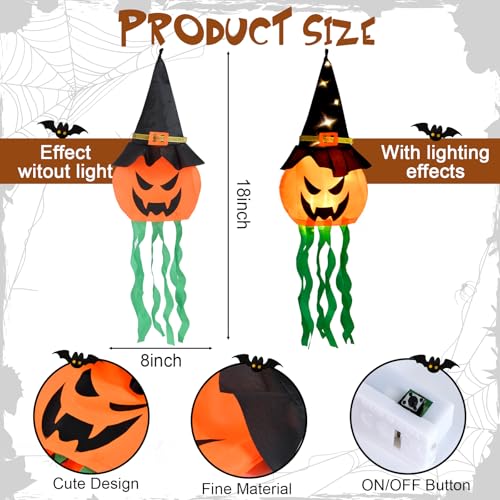 Halloween Glowing Pumpkin Witch Hat Decorations Set - 4 Pack with 3 Light Modes