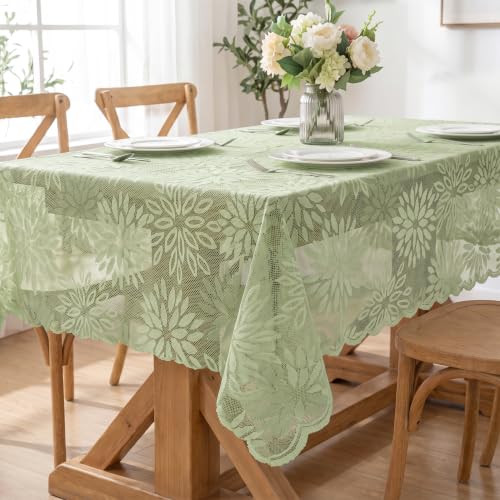 Green Lace Dahlia Tablecloth 60x84 Inch Rectangular - Durable Polyester Home Decor
