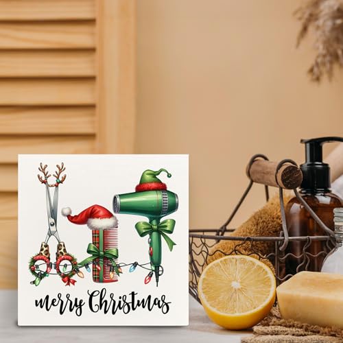 Christmas Salon Hair Wooden Sign - Barber Shop Decor, Gift, 5x5 Inch - Holiday Home Office Shelf Decoration
