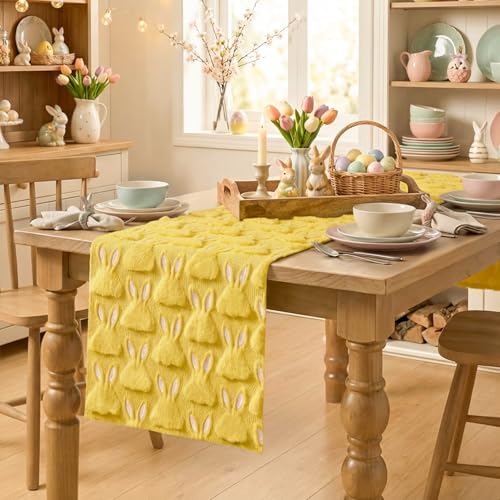 Yellow Plush Faux Fur Easter Table Runner 13x72 Inch for Spring Home Decor