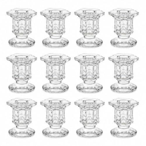 Lanttu Clear Glass Candle Holders Set - Hexagonal Taper Candle Holders Bulk, 12 Pieces