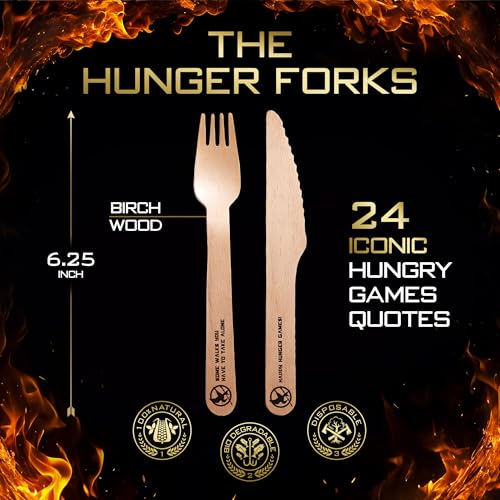 Eco-Friendly Disposable Wooden Cutlery Set with Hunger Games Quotes - 48pcs for Parties