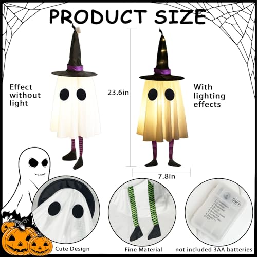 Medium Ghost Halloween Decoration with Witch Hat, Outdoor Ghost Lights
