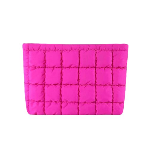 CECKQUE Soft Checkered Quilted Puffy Makeup Bag for Women, Aesthetic Puffer Cosmetic Bag Pouch for Purse (Hot Pink)