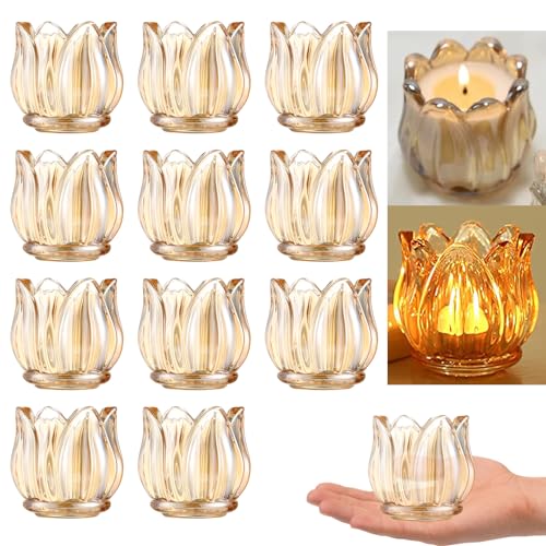 Gold Votive Candle Holders Set of 6 - Thick Glass Tea Light Jars for Weddings & Parties