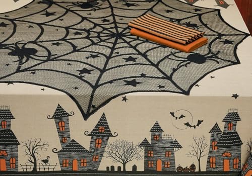 Halloween Black Lace Overlay Tabletop Decor - 40 Inch Round Spider Web Table Cover Variation of Spider Web / 40"