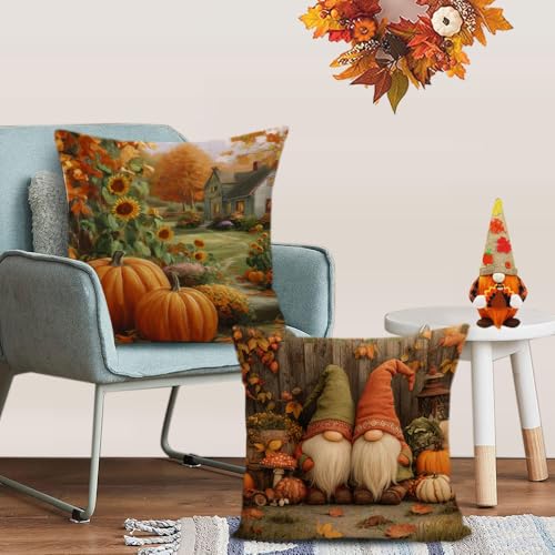 Fall Throw Pillow Covers 14x14 Set of 4 Pumpkin Sunflower Gnome Autumn Farmhouse