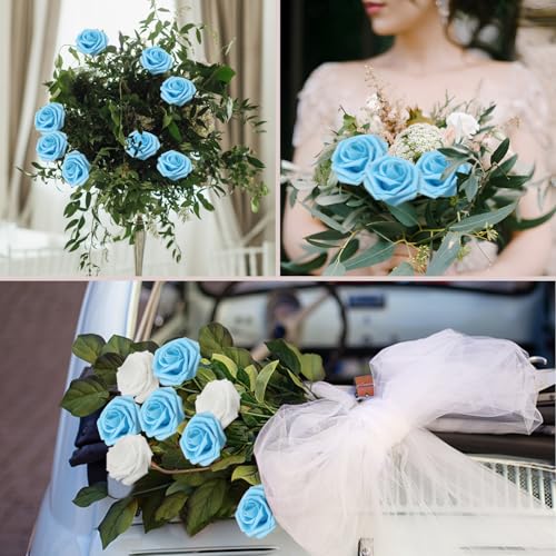 Baby Blue Realistic Roses - 50 Artificial Latex Flowers with Bendable Stems & Leaves - Wedding & DIY Decor (Variation of THIS listing: Baby Blue / 50)