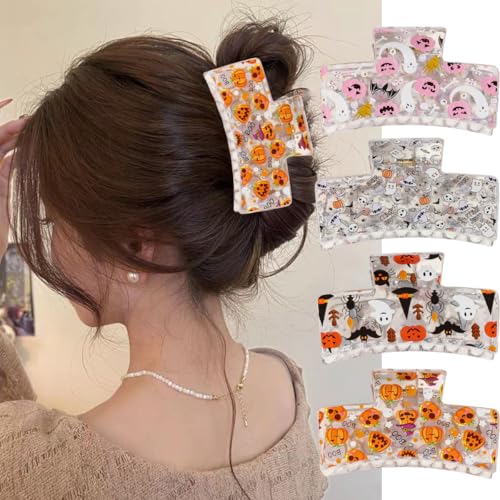 Halloween Hair Clips for Women - Ghost and Pumpkin Bat Style - Pink, 4 Pcs - Cute Gothic Accessories - Variation: Ghost-1