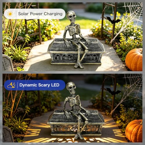 Solar Halloween Garden Skeleton Statue with Light Projection - 7.1 Inches