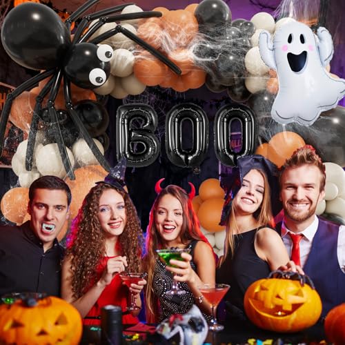 Halloween Balloon Garland Arch Kit with Ghost, BOO, Spider Web & Eyeball Balloons - Black Orange White Sand Variation