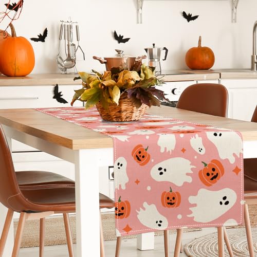 Pink Halloween Table Runner with Ghost and Pumpkin Pattern - 13 x 72 Inch