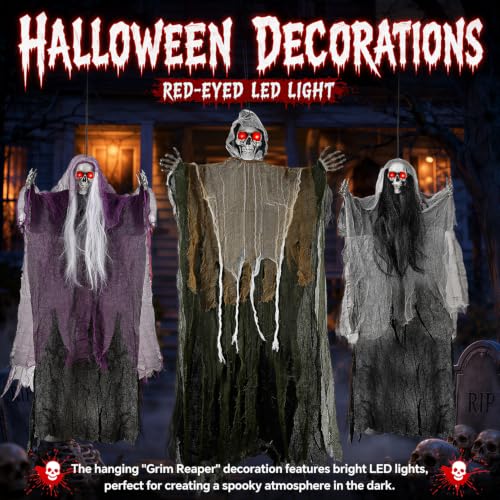 Grey Hanging Ghost Decorations Set - Spooky Halloween Skeleton & Ghost Decor with Glowing Eyes - 3PCS