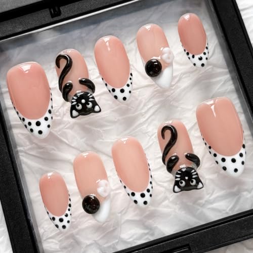 Press On Nails - Handmade Almond French Tip Fake Nails with Black Cat & Pots, 10 Pcs - Variation: Black Cat / M