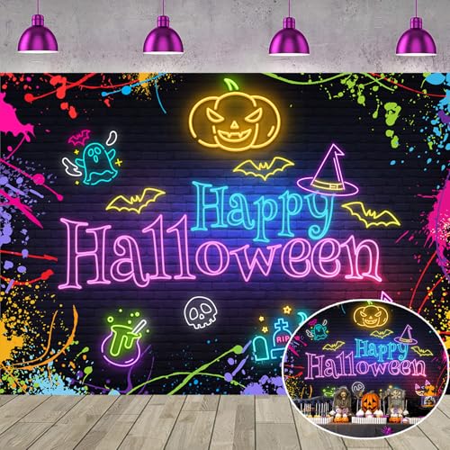 Neon Halloween Backdrop 8x6FT Party Decor Banner - Realistic Digital Print