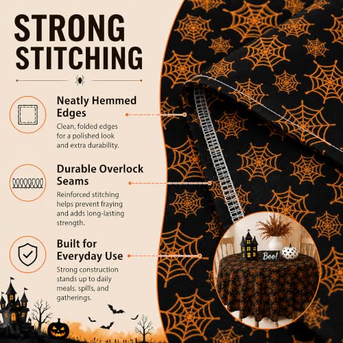 Black Halloween Round Tablecloth 60 Inch Spooky Spider Web Design