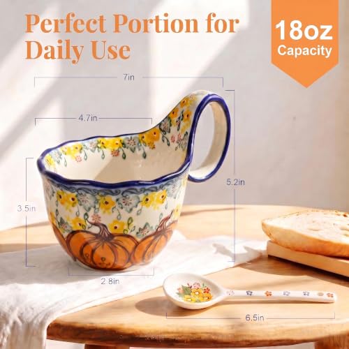 Vintage Pumpkin Floral Hand-Painted Ceramic Soup Bowl with Handle - 18oz
