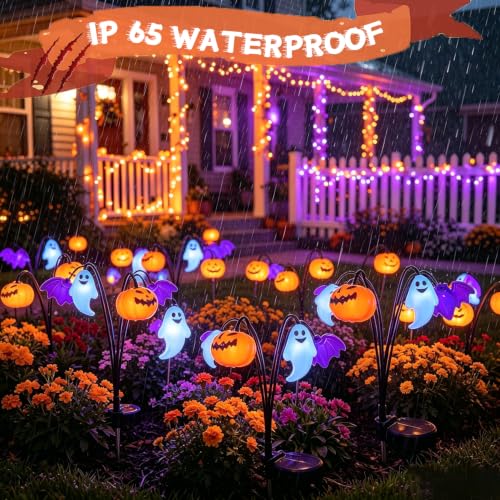 Halloween Solar String Lights with Bat, Ghost & Pumpkin Decorations - Outdoor Yard & Garden Decor